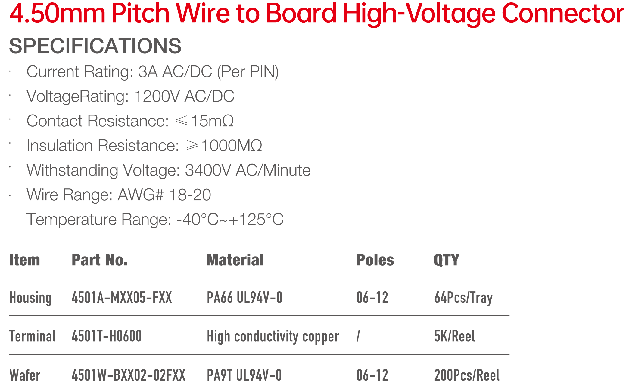 4501 Series 4.50mm Pitch(.177）高壓側(cè)扣線對(duì)板連接器